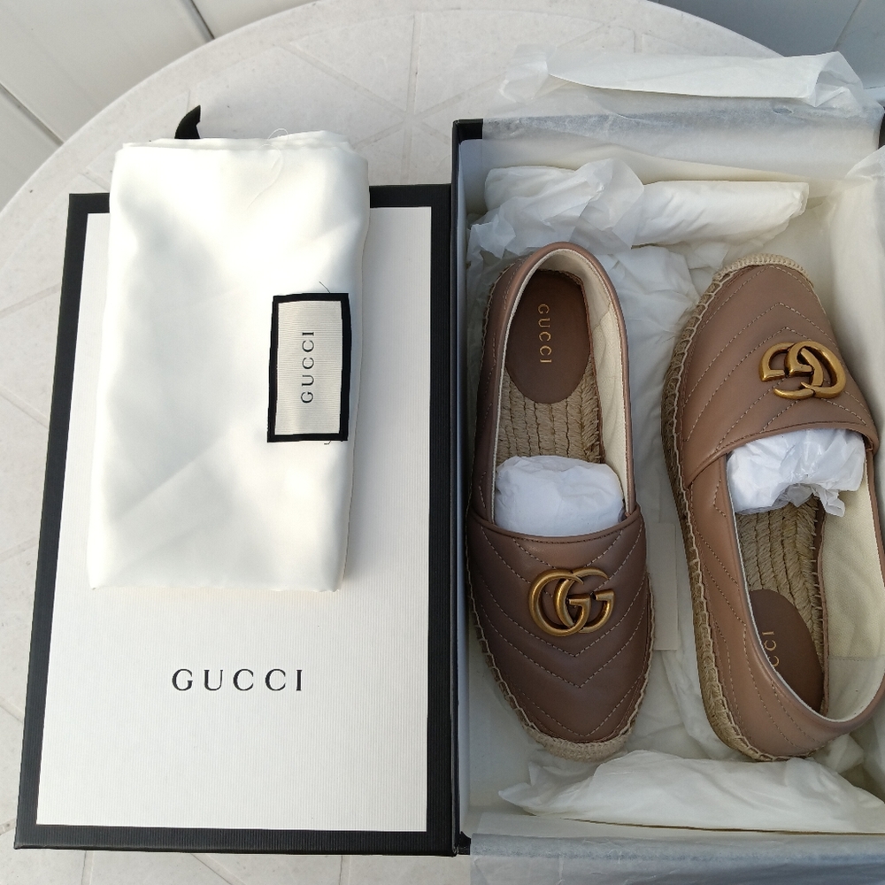 NEW GUCCI DOUBLE GG LOGO ESPADRILLES MARMONT MATELASSE LEATHER SZ 35 - Picture 14 of 14